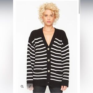Chaser Cashmere Grandpa Cardigan Sweater - Black and White Stripe NWT